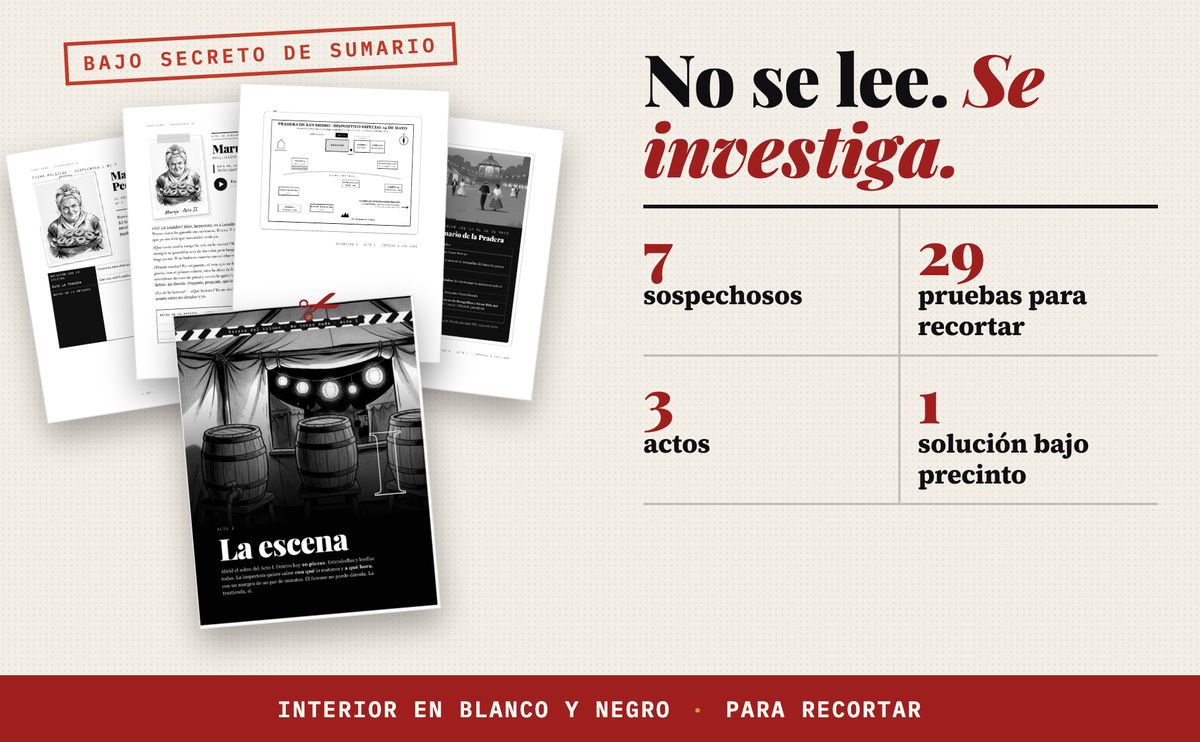 Páginas interiores del libro en blanco y negro: fichas policiales, actas de declaración y croquis de la Pradera